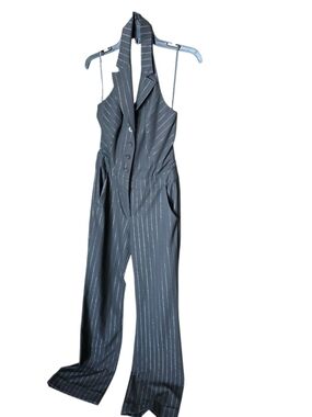 bebe Charcoal Pinstripe Halter Jumpsuit